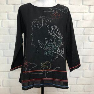 Giada Forte Resort Black Embroidered Blouse Size 0 (US 2) Wool Linen Cotton